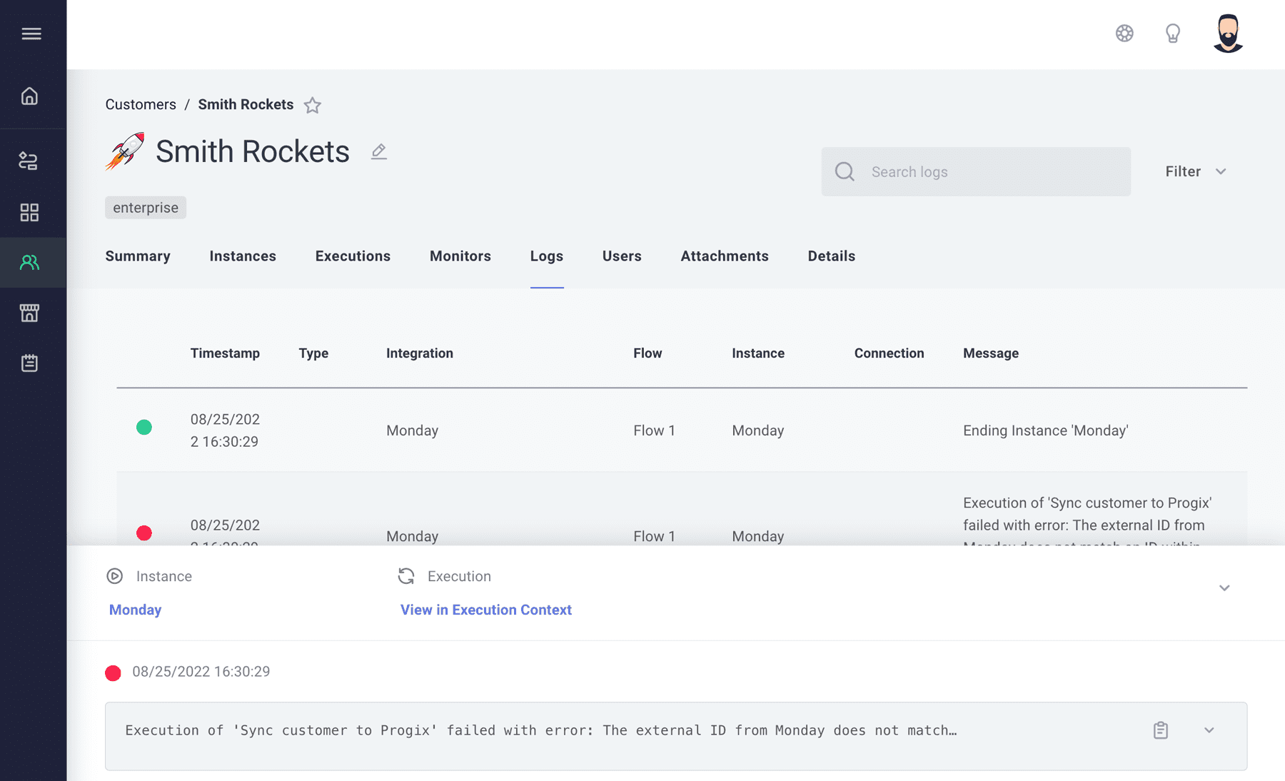 Customer log details in Prismatic app