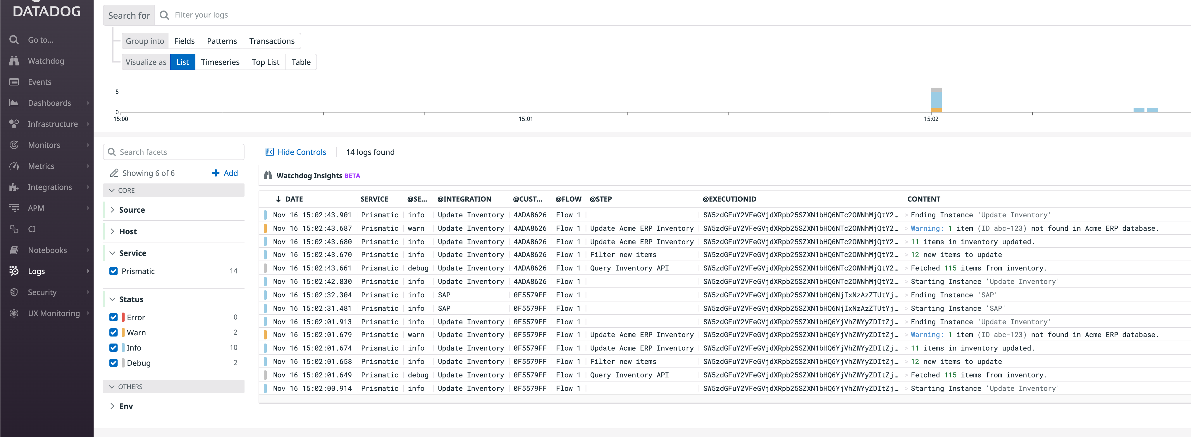 List of logs in DataDog app