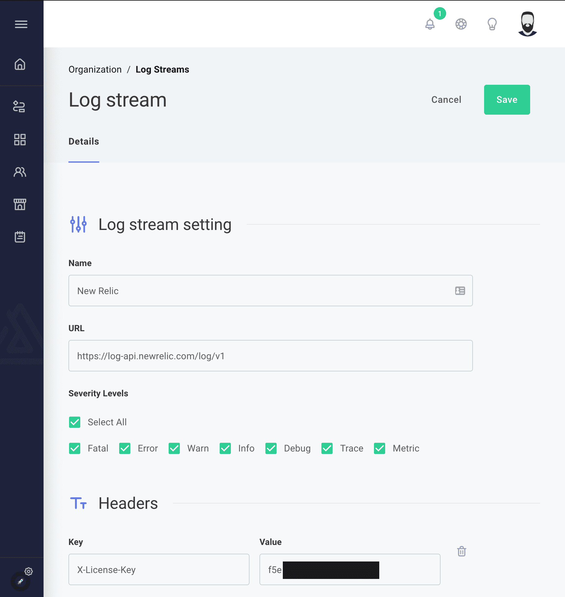 Configure New Relic log streaming in Prismatic app