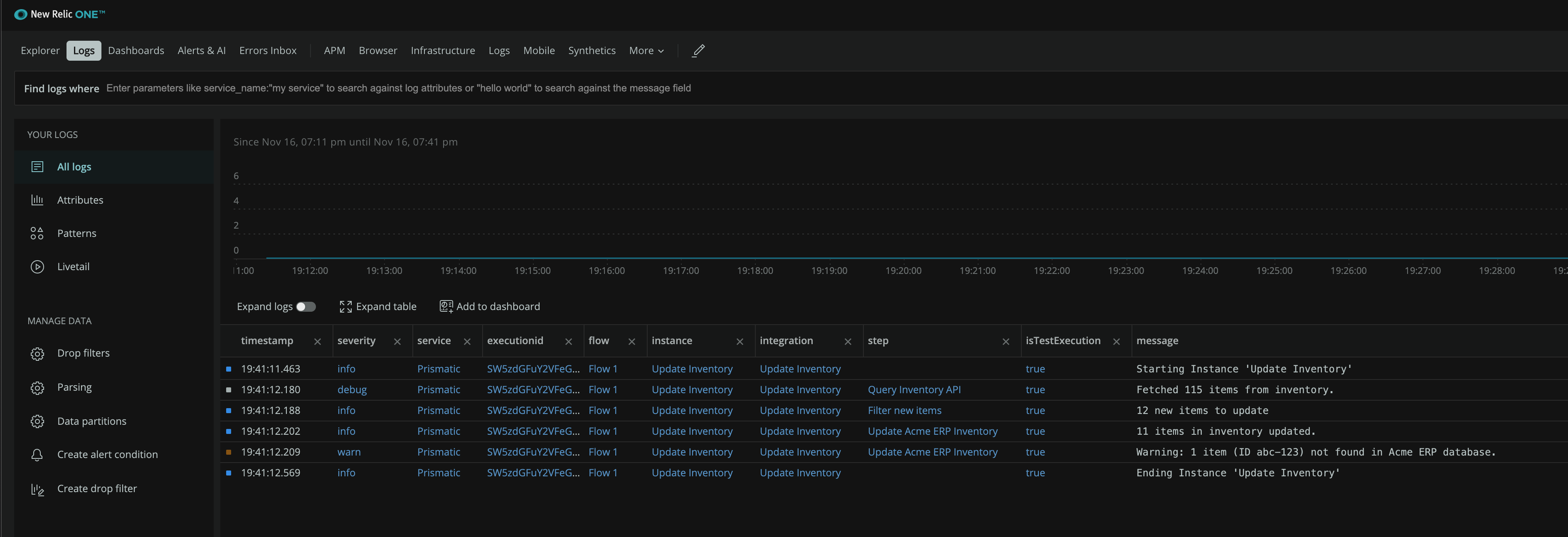 List of logs in New Relic app