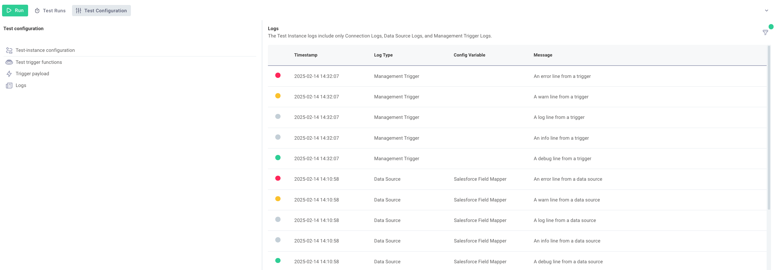 Test configuration drawer logs in Prismatic app