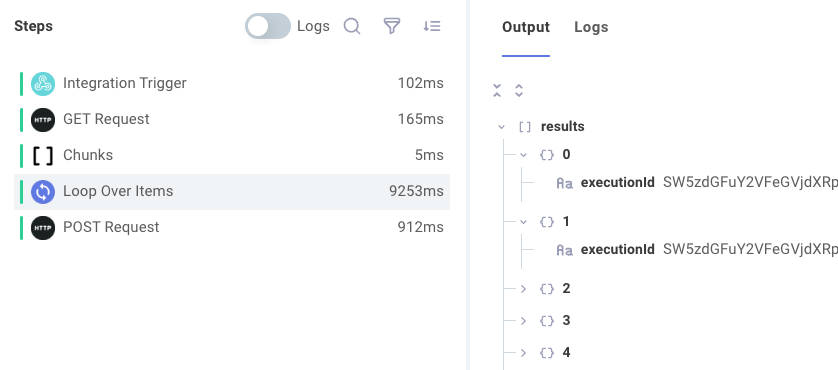 The Loop Over Items action returns an array of execution IDs from the HTTP POST action.