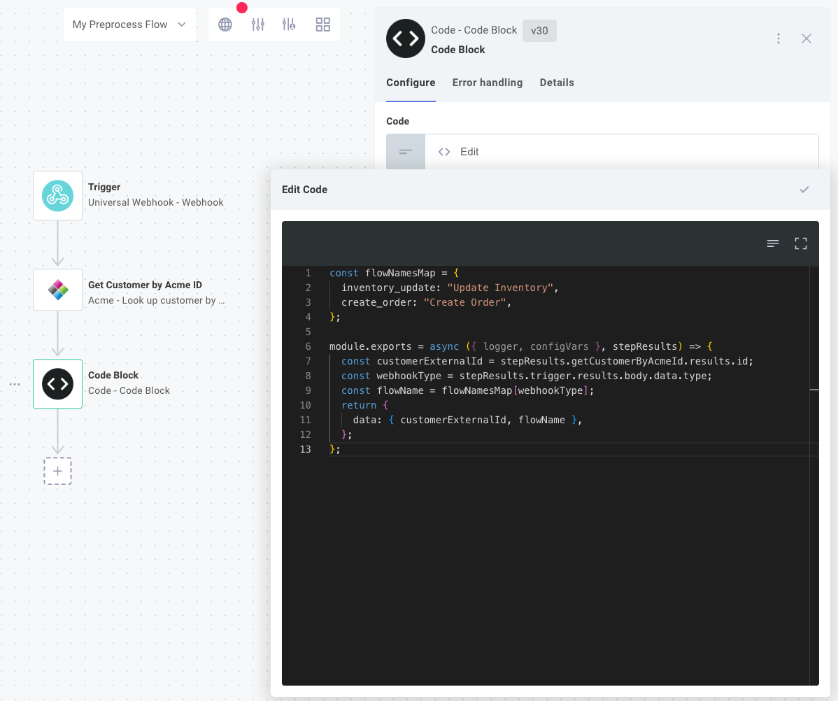 AcmeERP preprocess flow in Prismatic integration designer