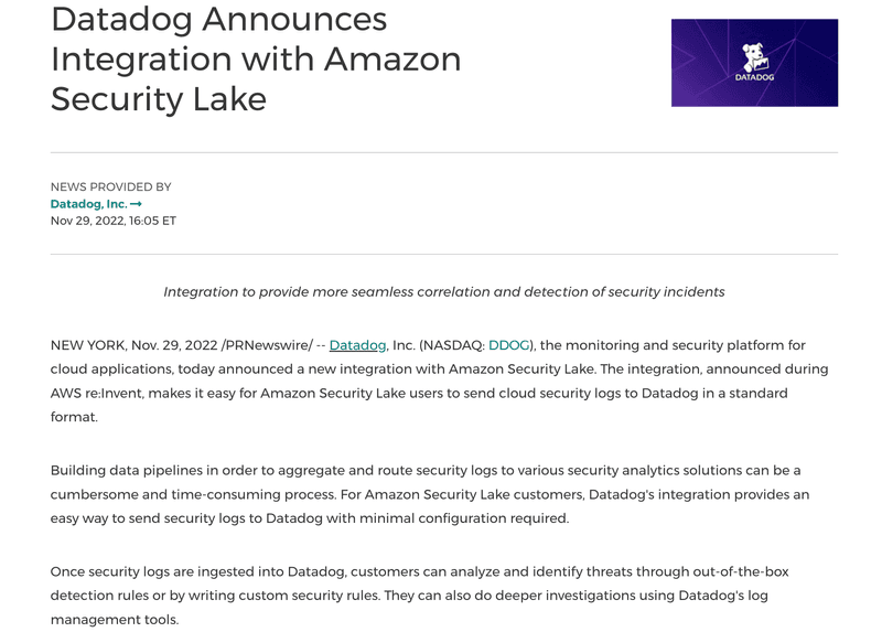 Screenshot of Datadog integration announcement