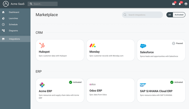 An embedded integration marketplace in a B2B SaaS application.