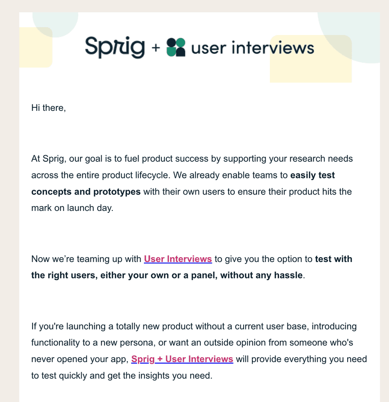 Screenshot of Sprig email announcement