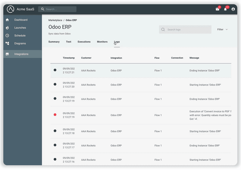 Odoo integration showing log records