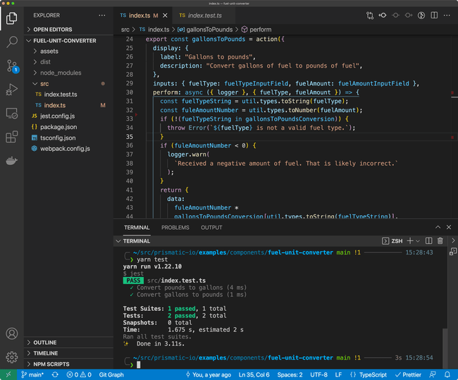 Screenshot of unit testing a custom connector in VS Code for Prismatic