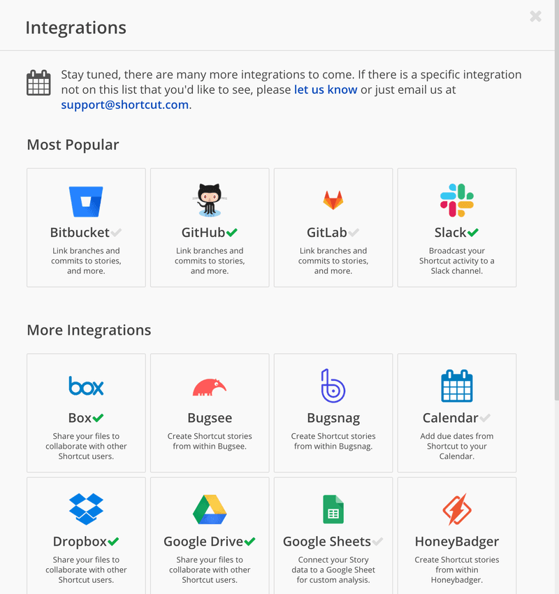 Screenshot of Shortcut's integration
marketplace