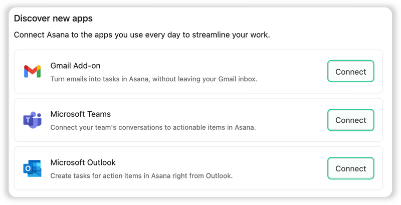 Asana integrations showing how to activate