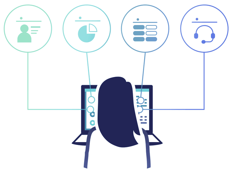 Illustration of a person happy with her software
platform.