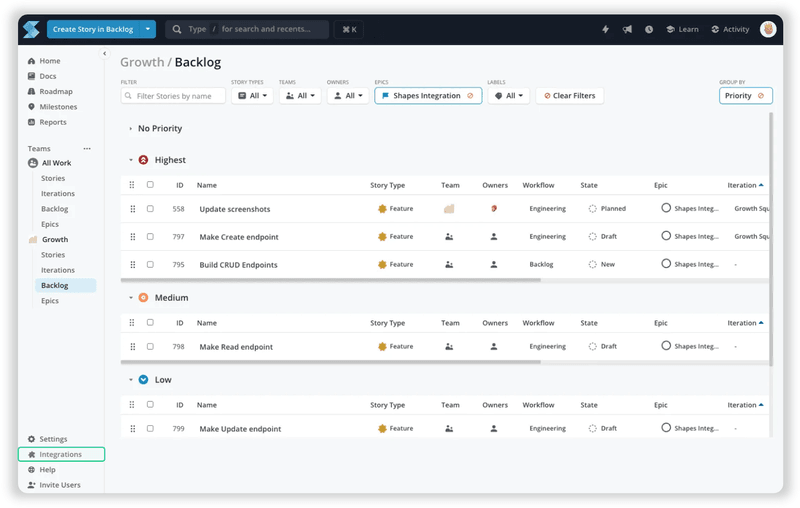 Shortcut app showing link to integration marketplace