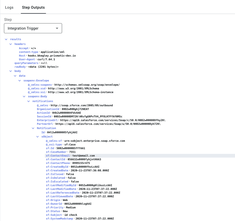 Screenshot of integration trigger using XML data in an embedded iPaaS platform