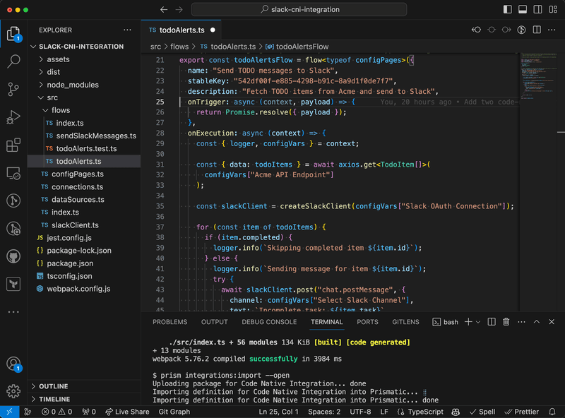 Screenshot of VS Code building an integration in code.