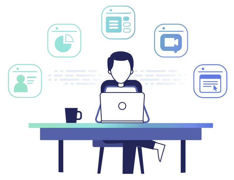 Illustration of a person on a laptop integrating multiple SaaS
products.